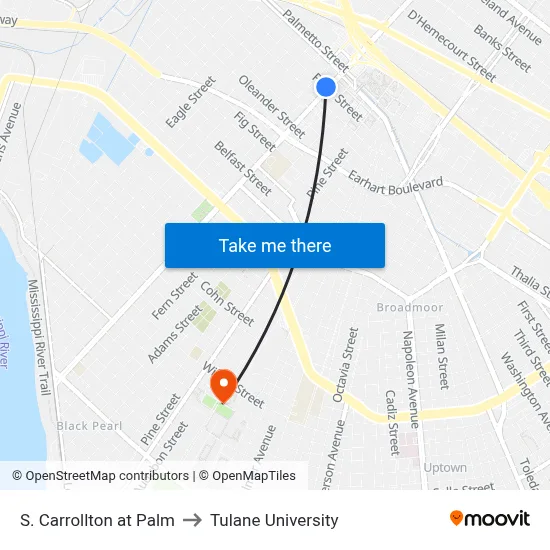 S. Carrollton at Palm to Tulane University map