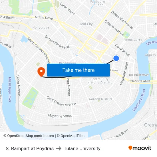 S. Rampart at Poydras to Tulane University map
