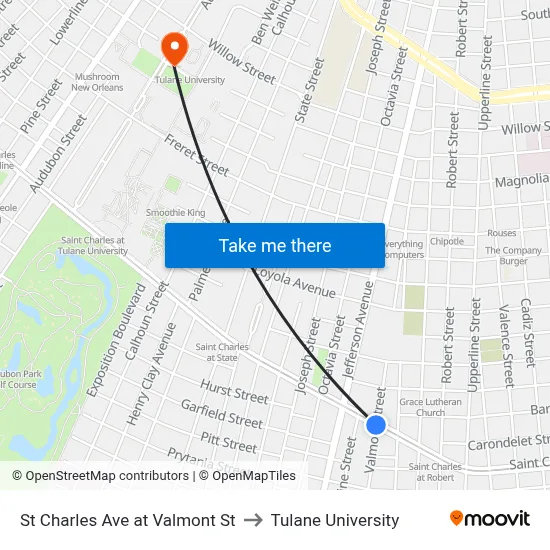St Charles Ave at Valmont St to Tulane University map