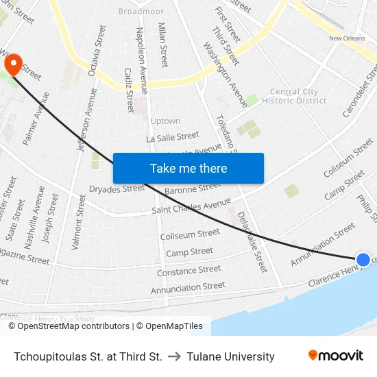 Tchoupitoulas St. at Third St. to Tulane University map