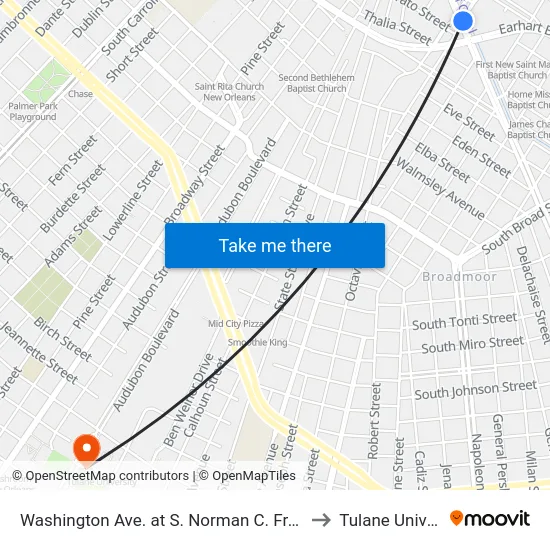 Washington Ave. at S. Norman C. Francis Pkwy. to Tulane University map