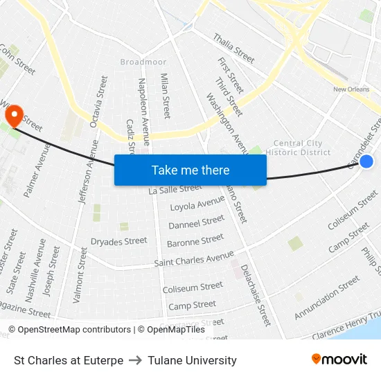 St Charles at Euterpe to Tulane University map