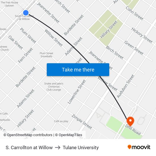 S. Carrollton at Willow to Tulane University map