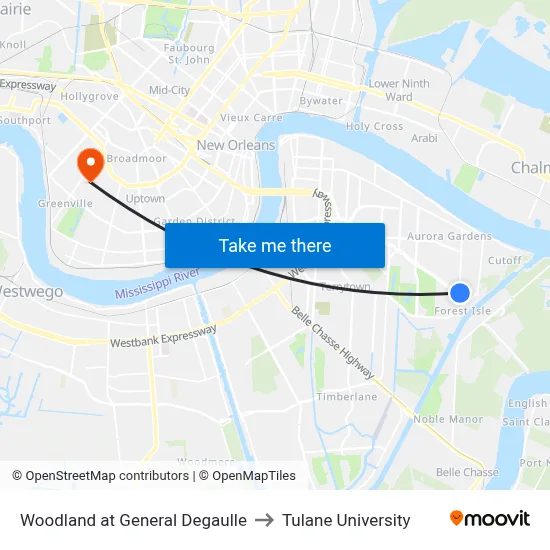 Woodland at General Degaulle to Tulane University map