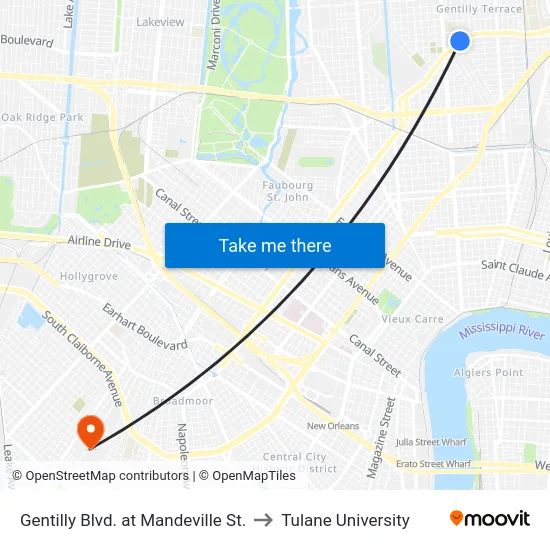 Gentilly Blvd. at Mandeville St. to Tulane University map