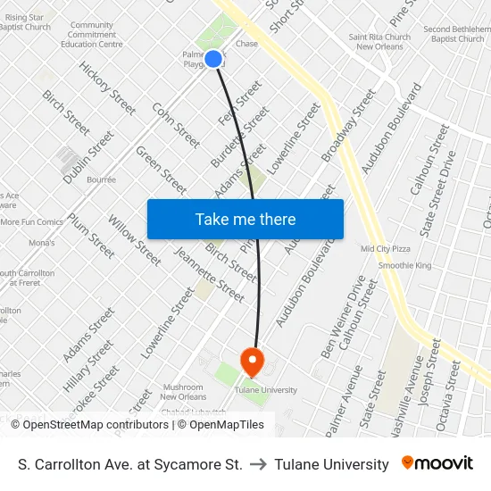 S. Carrollton Ave. at Sycamore St. to Tulane University map
