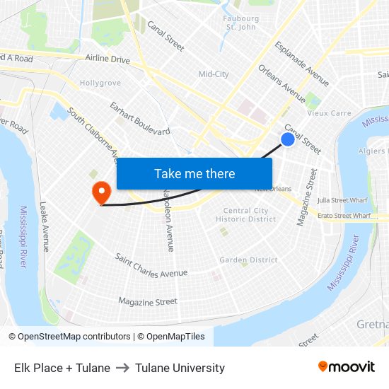 Elk Place + Tulane to Tulane University map