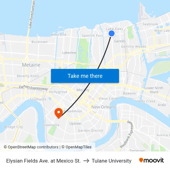 Elysian Fields Ave. at Mexico St. to Tulane University map