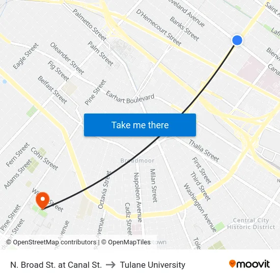 N. Broad St. at Canal St. to Tulane University map