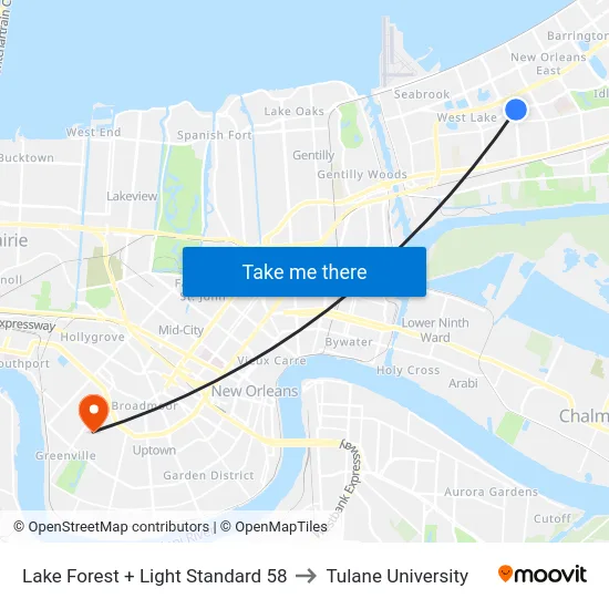 Lake Forest + Light Standard 58 to Tulane University map