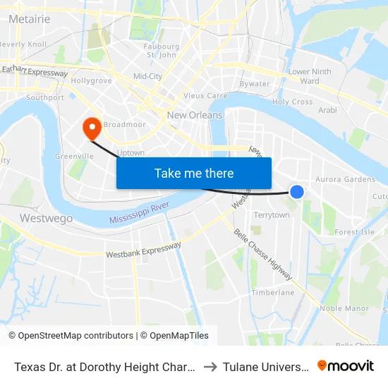 Texas Dr. at Dorothy Height Charter to Tulane University map