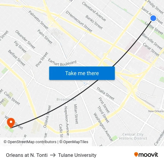 Orleans at N. Tonti to Tulane University map