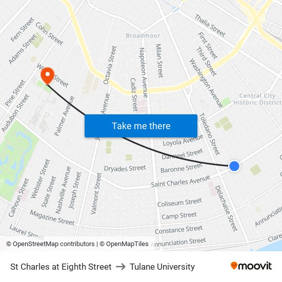 St Charles at Eighth Street to Tulane University map