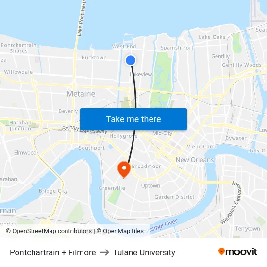 Pontchartrain + Filmore to Tulane University map