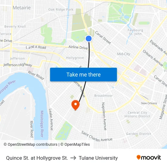 Quince St. at Hollygrove St. to Tulane University map
