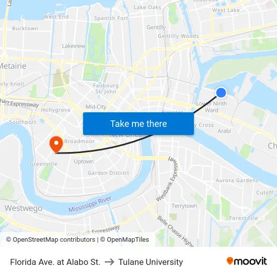Florida Ave. at Alabo St. to Tulane University map