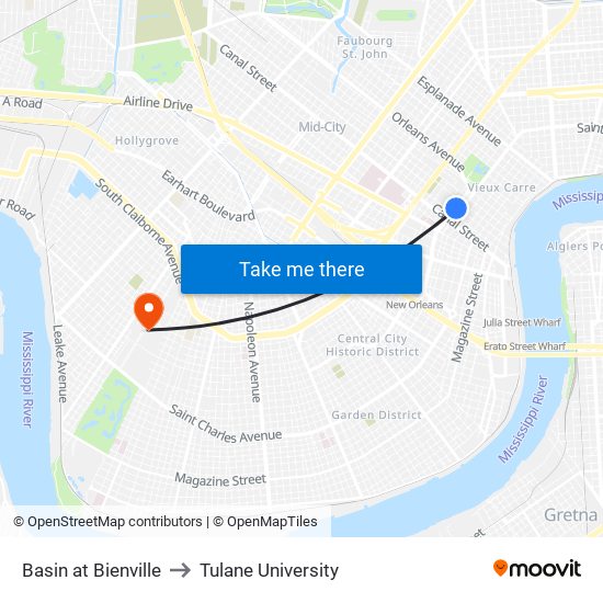 Basin at Bienville to Tulane University map