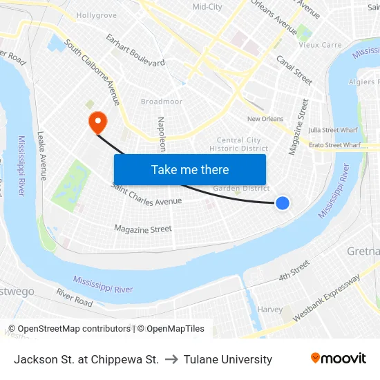 Jackson St. at Chippewa St. to Tulane University map