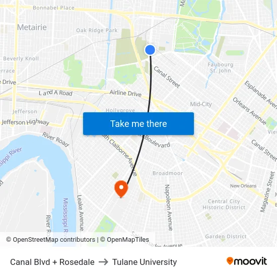 Canal Blvd + Rosedale to Tulane University map