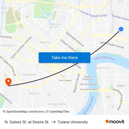N. Galvez St. at Desire St. to Tulane University map