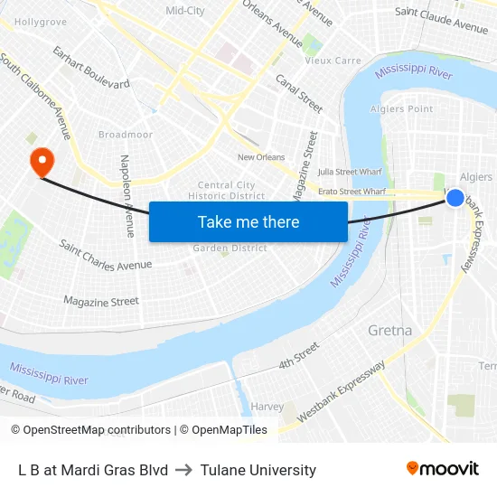 L B at Mardi Gras Blvd to Tulane University map