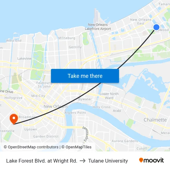 Lake Forest Blvd. at Wright Rd. to Tulane University map