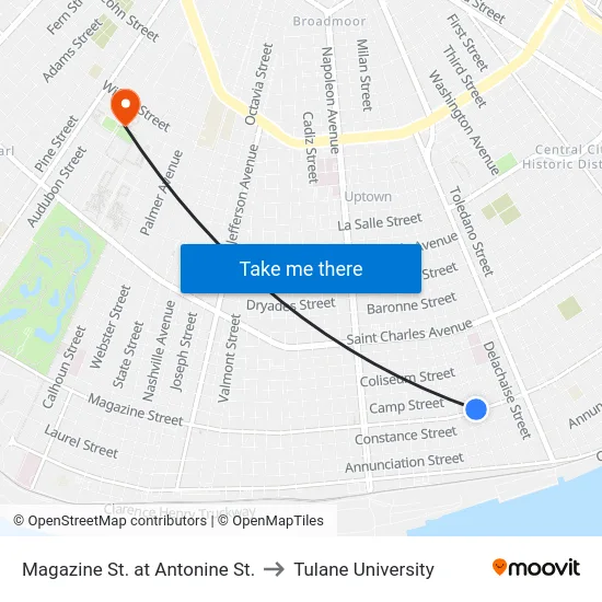 Magazine St. at Antonine St. to Tulane University map