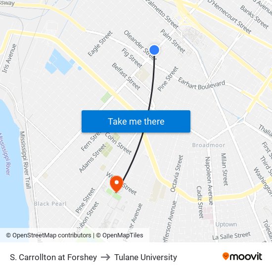 S. Carrollton at Forshey to Tulane University map