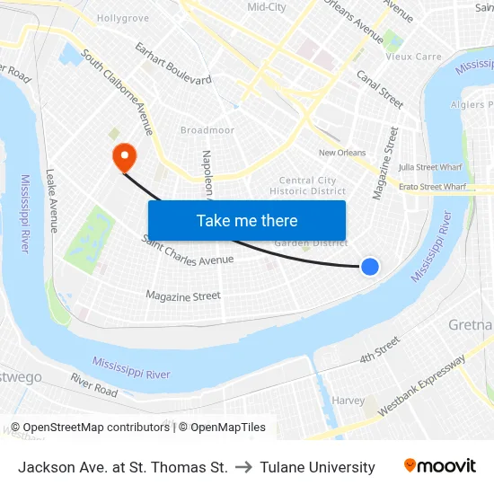 Jackson Ave. at St. Thomas St. to Tulane University map