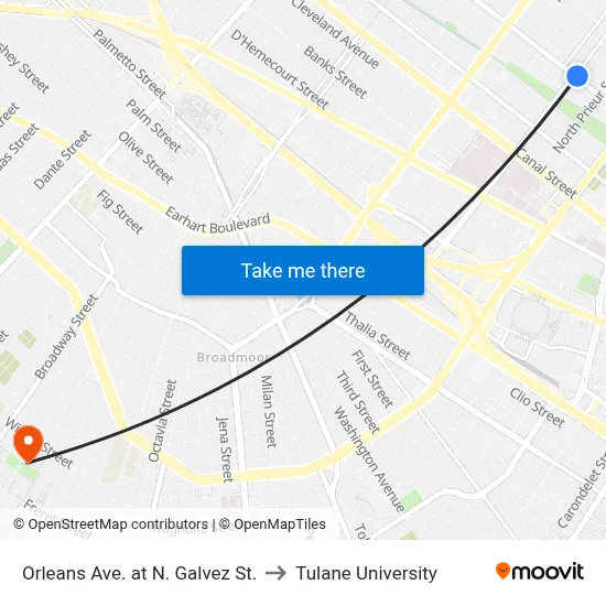 Orleans Ave. at N. Galvez St. to Tulane University map
