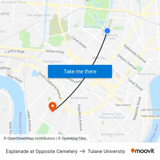 Esplanade at Opposite Cemetery to Tulane University map