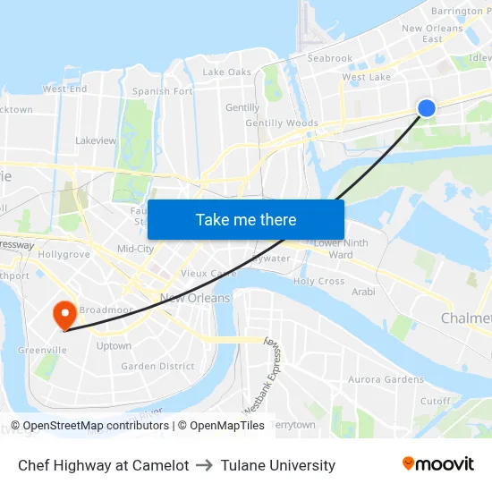 Chef Highway at Camelot to Tulane University map