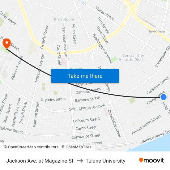 Jackson Ave. at Magazine St. to Tulane University map