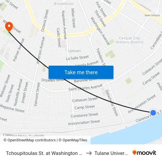 Tchoupitoulas St. at Washington Ave. to Tulane University map