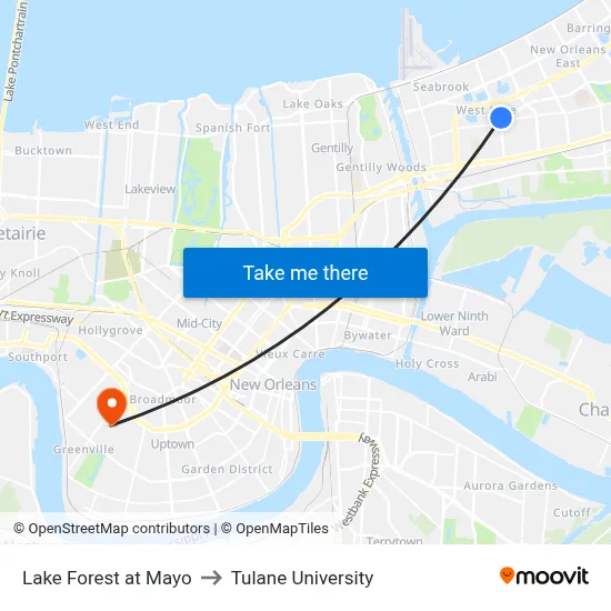 Lake Forest at Mayo to Tulane University map