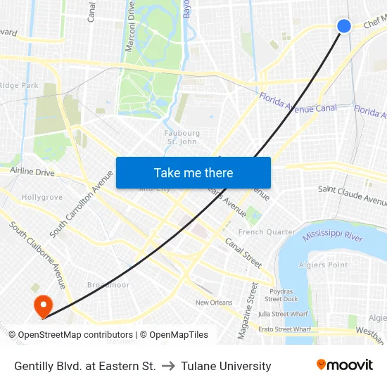 Gentilly Blvd. at Eastern St. to Tulane University map