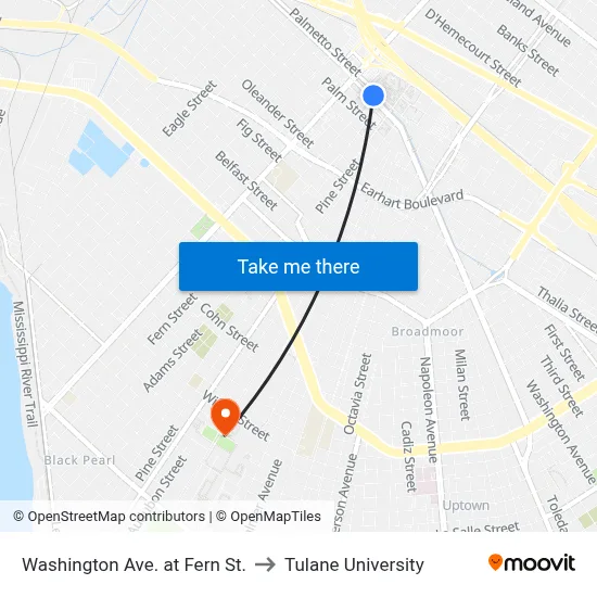 Washington Ave. at Fern St. to Tulane University map