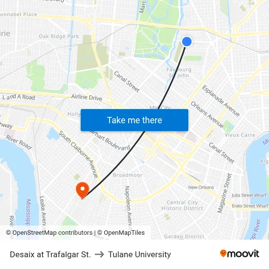 Desaix at Trafalgar St. to Tulane University map
