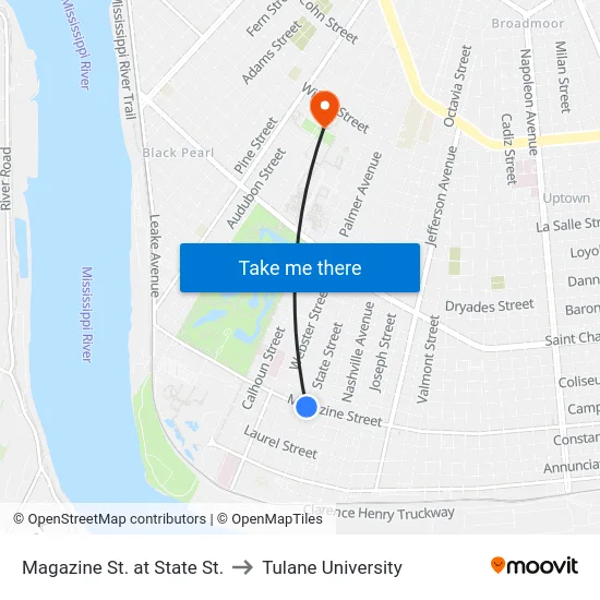 Magazine St. at State St. to Tulane University map