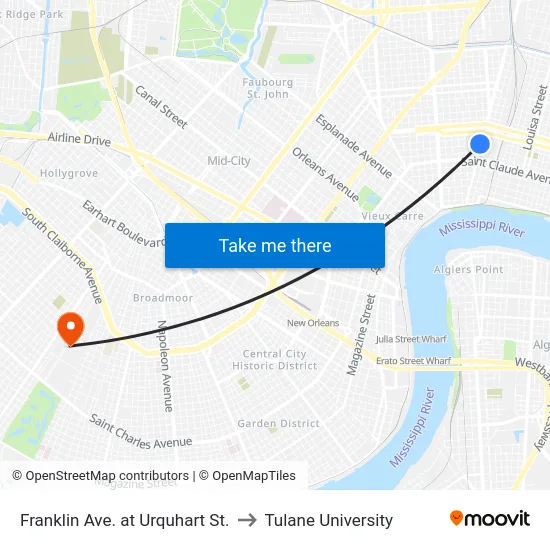 Franklin Ave. at Urquhart St. to Tulane University map