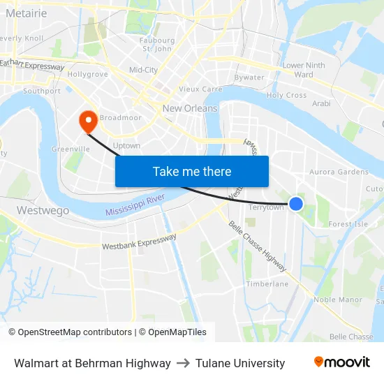 Walmart at Behrman Highway to Tulane University map