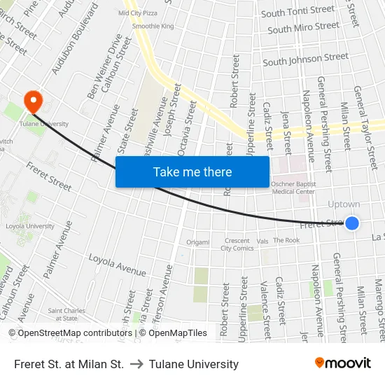 Freret St. at Milan St. to Tulane University map