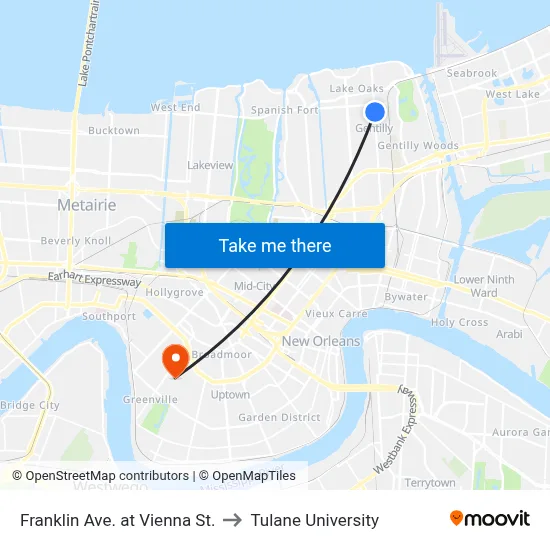 Franklin Ave. at Vienna St. to Tulane University map