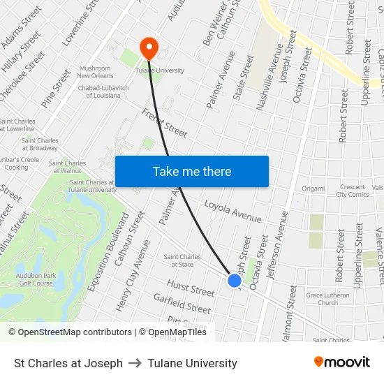 St Charles at Joseph to Tulane University map