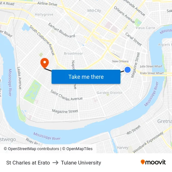 St Charles at Erato to Tulane University map
