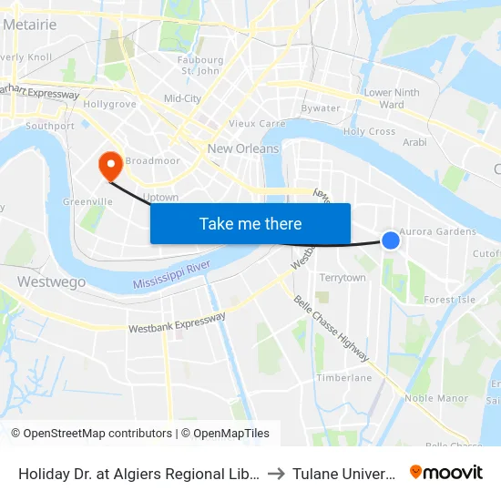 Holiday Dr. at Algiers Regional Library to Tulane University map