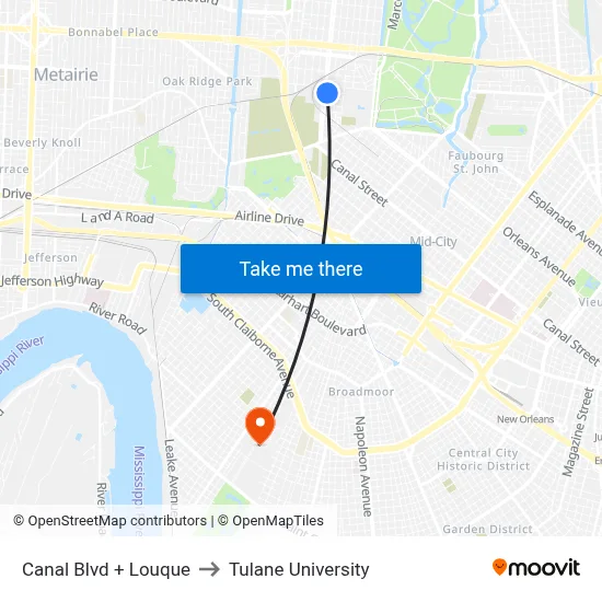 Canal Blvd + Louque to Tulane University map