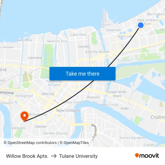 Bundy Rd. at Willow Brook Apts. to Tulane University map