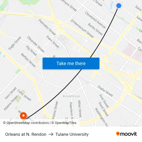 Orleans at N. Rendon to Tulane University map