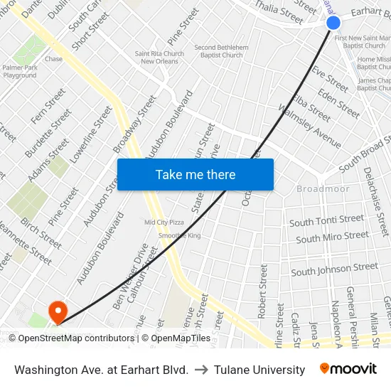 Washington Ave. at Earhart Blvd. to Tulane University map